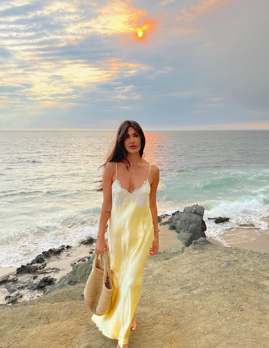 Simple Sheath Spaghetti Strap Lace Yellow Satin Long Prom Dress Evening Dress SH2013