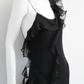 Vintage Flowy Sheath Straps Ruffle Black Chiffon Long Prom Dress Evening Dress SH5135
