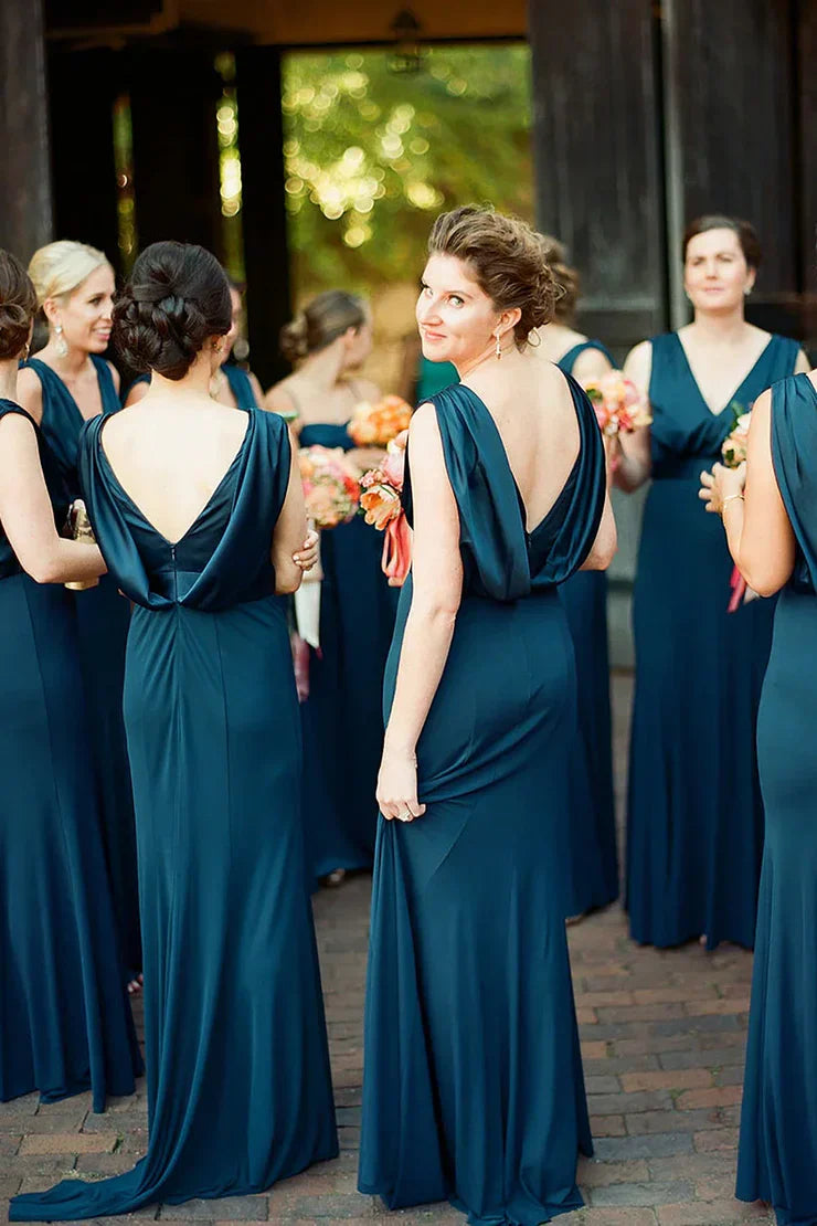 Peacock Blue Mermaid V-Neck Long Bridesmaid Dress SH6289