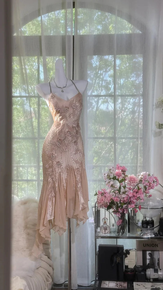 Vintage Mermaid Spaghetti Strap Beaded Ruffle Satin Chiffon Short Homecoming Dress SH2966