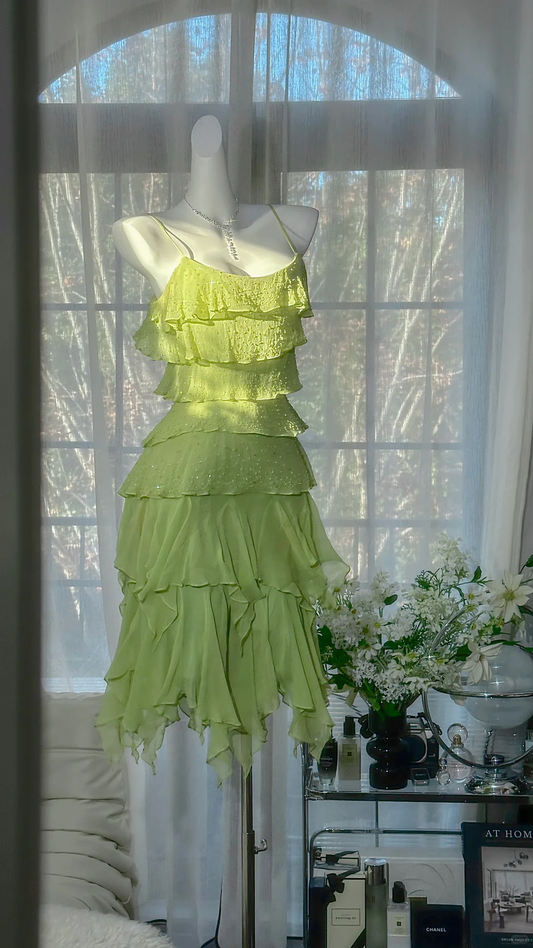 Vintage Green A Line Spaghetti Straps Beaded Layered Chiffon Homecoming Dress SH5121