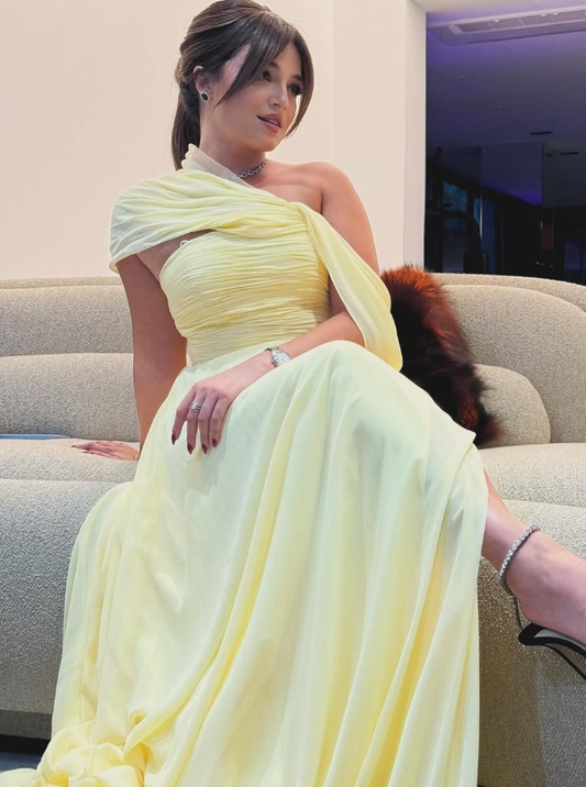 Elegant A Line Off the Shoulder Yellow Chiffon Long Prom Dress Birthday Dress with Slit SH2074