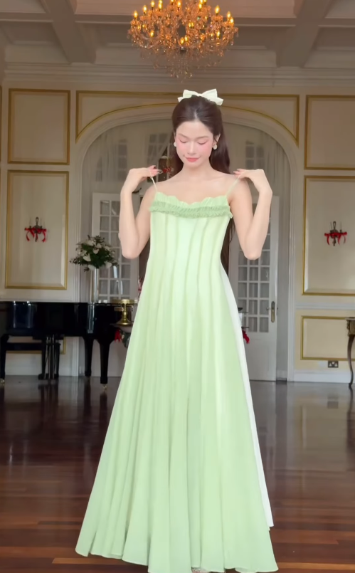 Green A Line Spaghetti Strap Chiffon Long Prom Dress Outfits SH4778