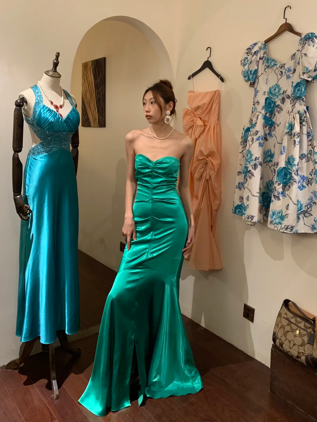 Vintage Mermaid Sweetheart Neck Pleated Green Satin Long Party Dress Cocktail Dress SH2946