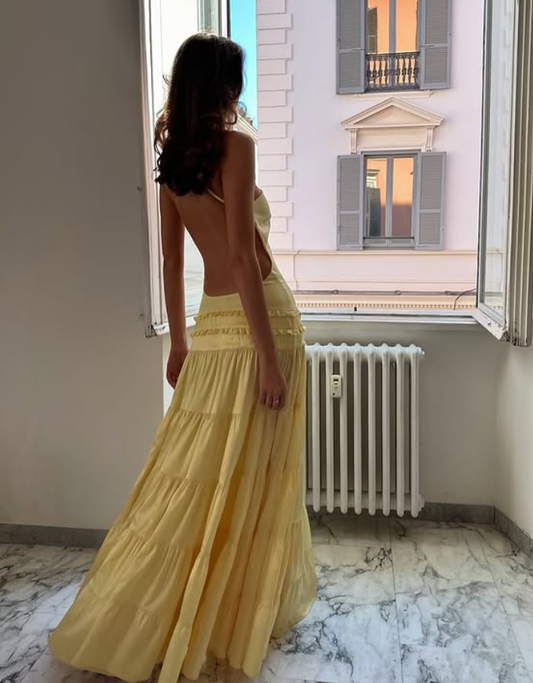 Simple Yellow A Line One Shoulder Satin Open Back Prom Dress Wedding Guest Dress SH4291