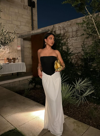 Black-white Sheath Strapless Satin Long Prom Dress Evening Dress SH8969