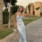 Elegant Blue Print Floral Mermaid Spaghetti Strap Satin Long Party Dress Cocktail Dress SH3592