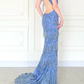 Exquisite Layered Beading Sheath Halter Blue Chiffon Backless Long Prom Dress Evening Dress SH6765
