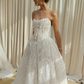 Glamorous A Line Strapless Pearl White Lace Long Wedding Dress SH7354