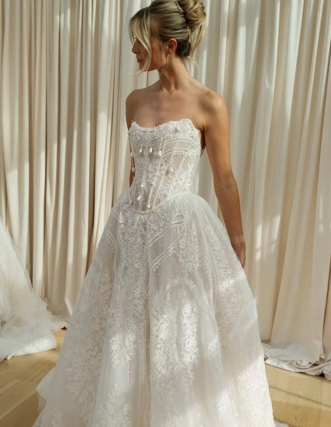 Glamorous A Line Strapless Pearl White Lace Long Wedding Dress SH7354