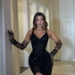 Sexy Sheath V Neck Black Rhinestone Satin Prom Dress Evening Dress with Slit SH2299