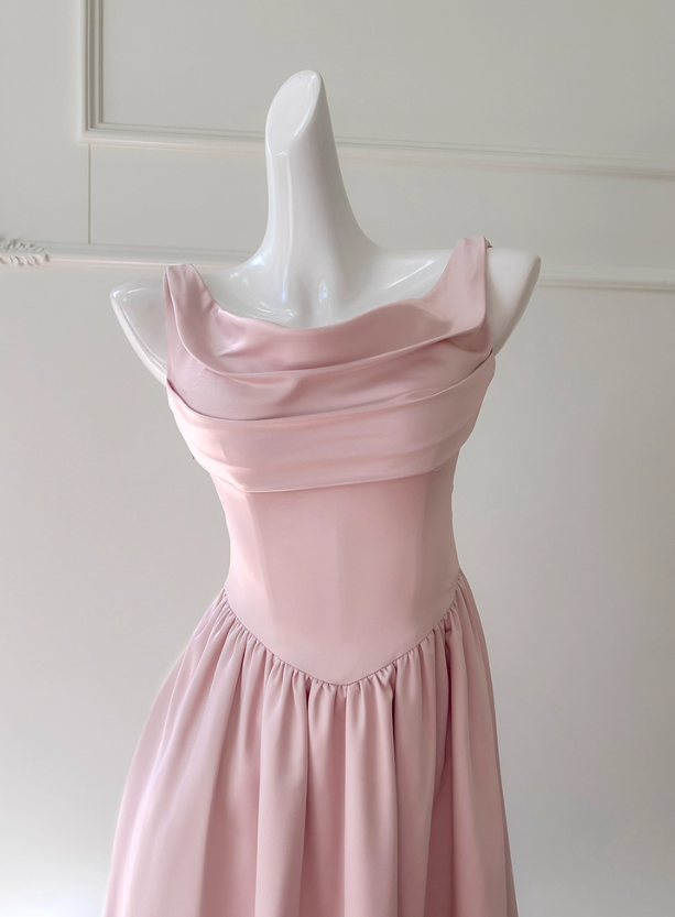 Gentle Pink A Line Straps Pleated Satin Homecoming Dress SH4507