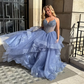 Blue A Line Spaghetti Strap Beaded Corset Ruffle Tulle Long Prom Dress Evening Dress SH8828