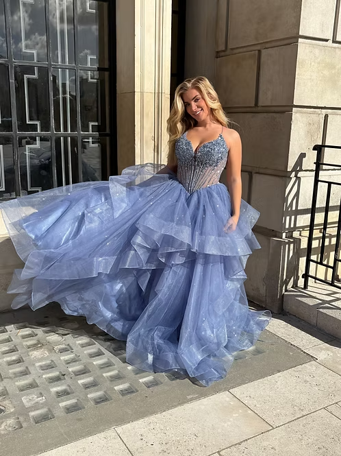 Blue A Line Spaghetti Strap Beaded Corset Ruffle Tulle Long Prom Dress Evening Dress SH8828