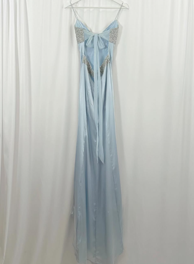 Baby Blue A Line Spaghetti Strap Sequin Satin Long Prom Dress Gown Dress SH3590