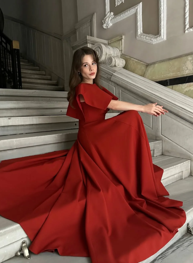 Red Classic A Line Simple Satin Long Prom Dress Wedding Guest Dress SH5398