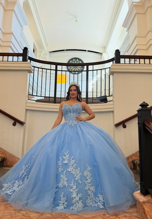 Sweety Blue Ball Gown Applique Blue Lace Tulle Long Prom Dress Quinceanera Dress SH5165