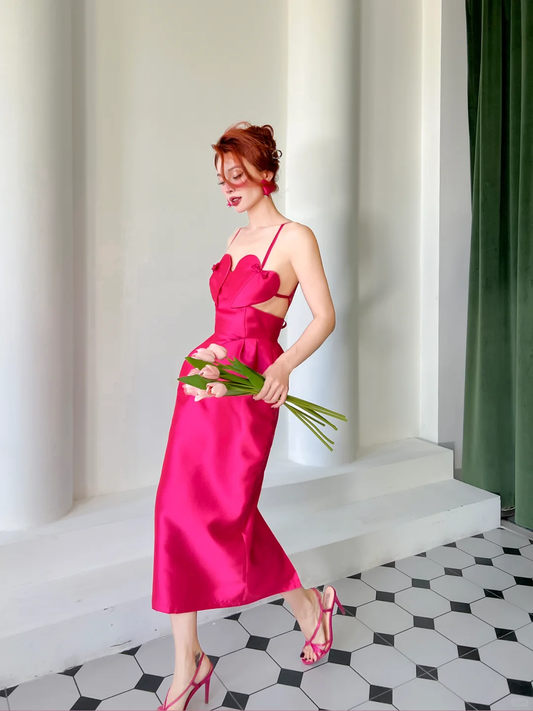 Hot Pink Sheath Spaghetti Strap Satin Prom Dress Evening Dress Open Back SH4250