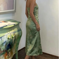 Green Vintage Printed Satin Party Dress Midi Length Formal Prom Dress  SH1246