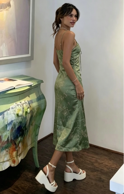 Green Vintage Printed Satin Party Dress Midi Length Formal Prom Dress  SH1246