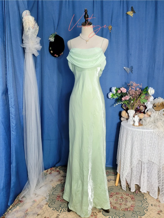 Vintage Green Simple Mermaid Spaghetti Strap Chiffon Satin Prom Dress Outfits SH4954