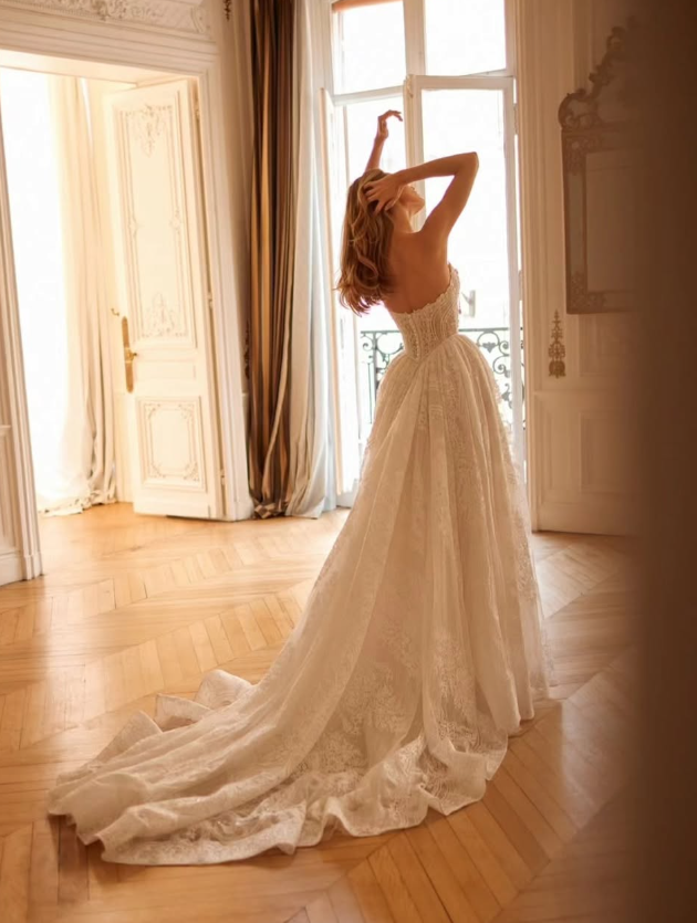 Glamorous A Line Strapless Pearl White Lace Long Wedding Dress SH7354