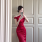 Elegant Burgundy Mermaid Beaded Satin Long Prom Dress Party Dress SH5016