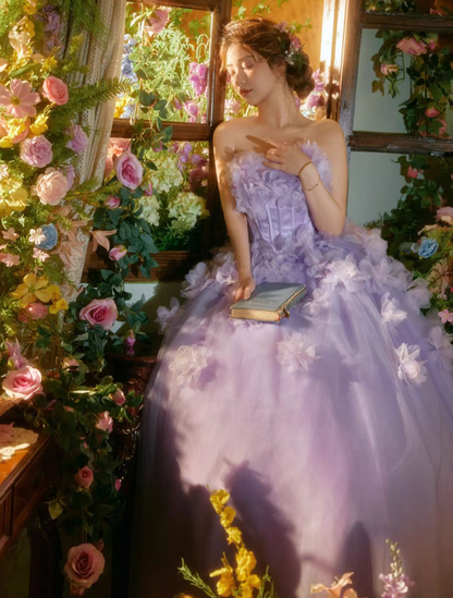 Purple Pretty Ball Gown Strapless Floral Tulle Prom Dress 16th Birthday Dress SH4087