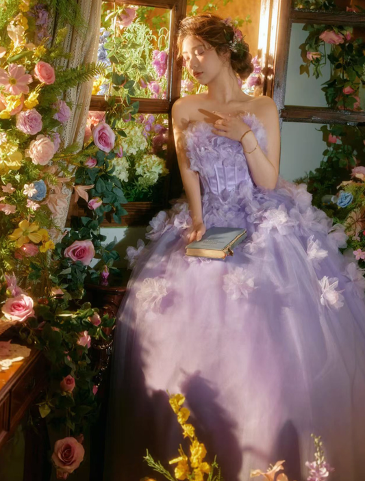 Purple Pretty Ball Gown Strapless Floral Tulle Prom Dress 16th Birthday Dress SH4087