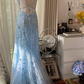 Light Blue A Line Spaghetti Straps Appliques Tulle Open Back Party Dress Evening Dress SH2935