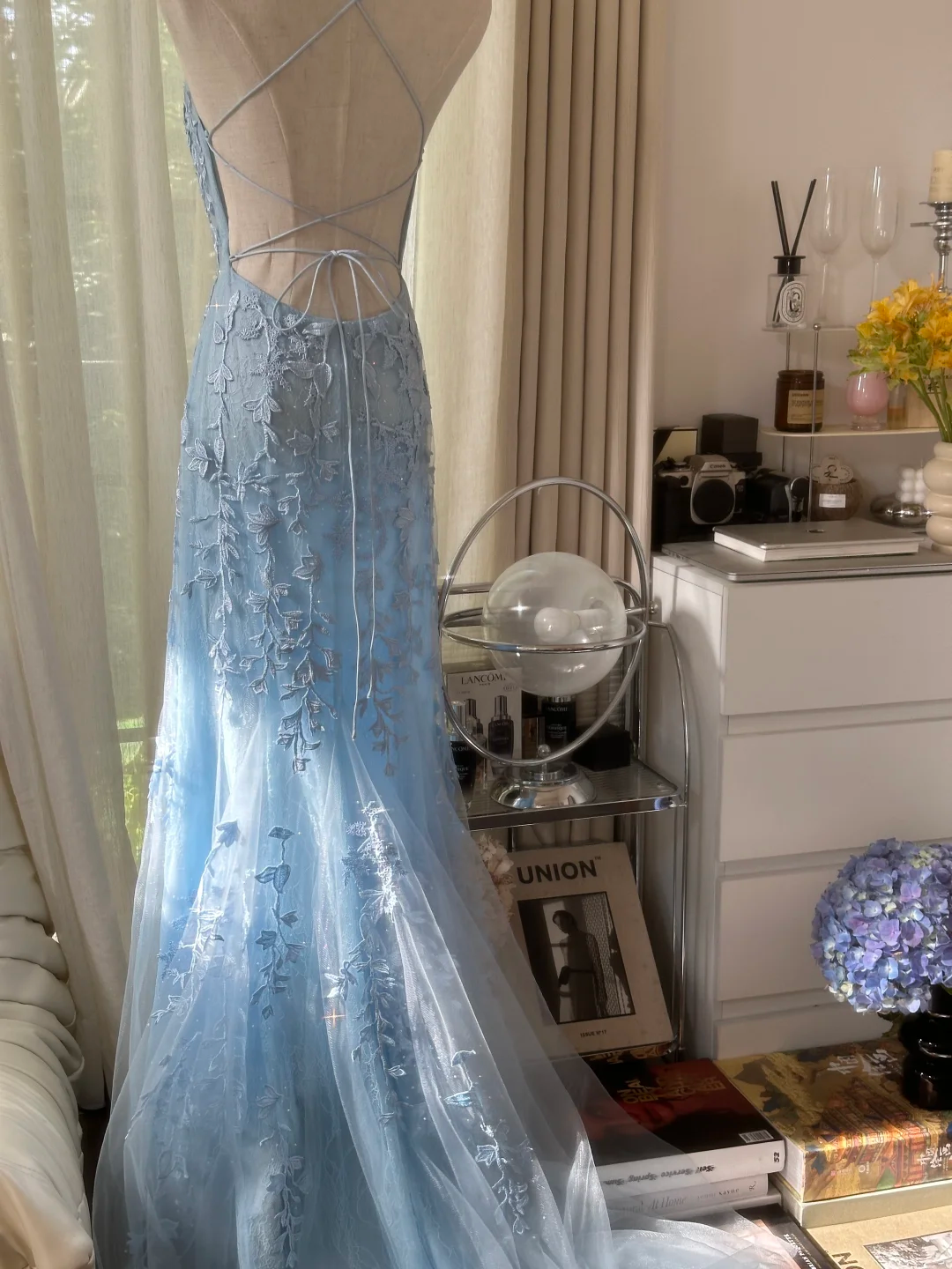 Light Blue A Line Spaghetti Straps Appliques Tulle Open Back Party Dress Evening Dress SH2935