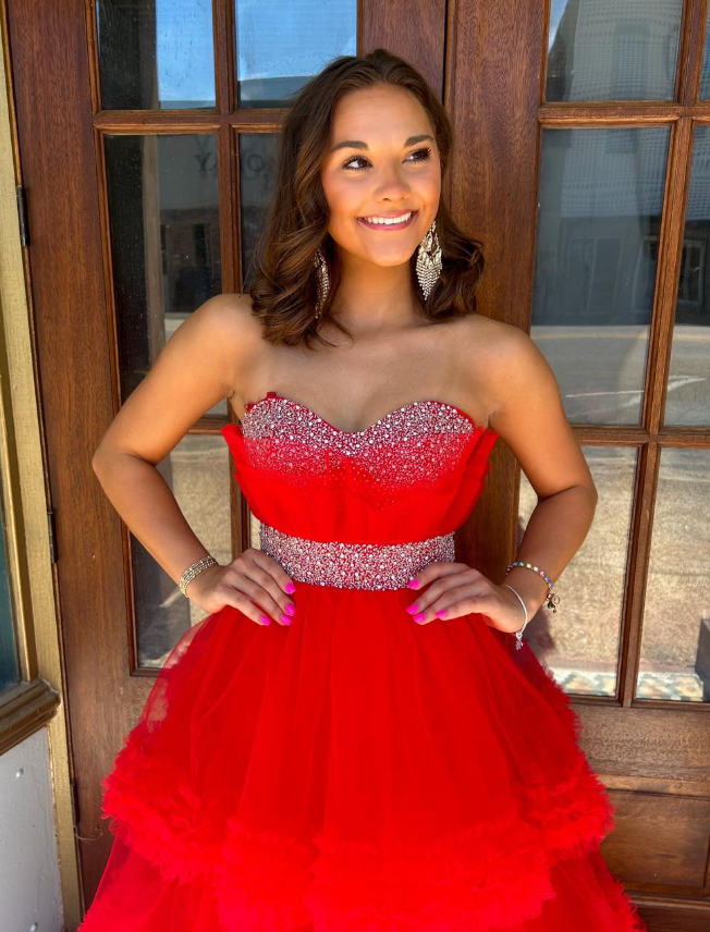 Stunning Red A Line Strapless Beaded Layered Tulle Long Prom Dress Evening Dress SH6809