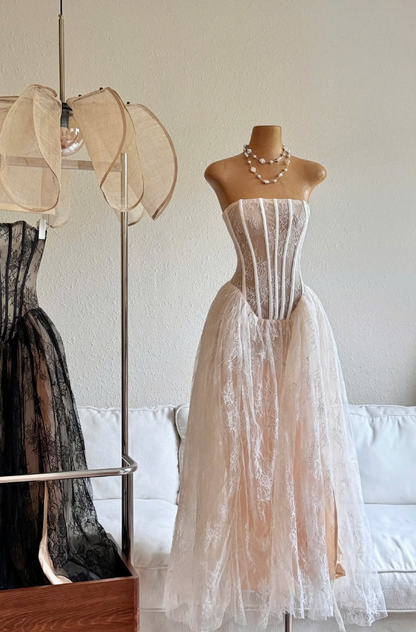 Champagne A Line Strapless Corset Lace Long Prom Dress Evening Dress SH1843