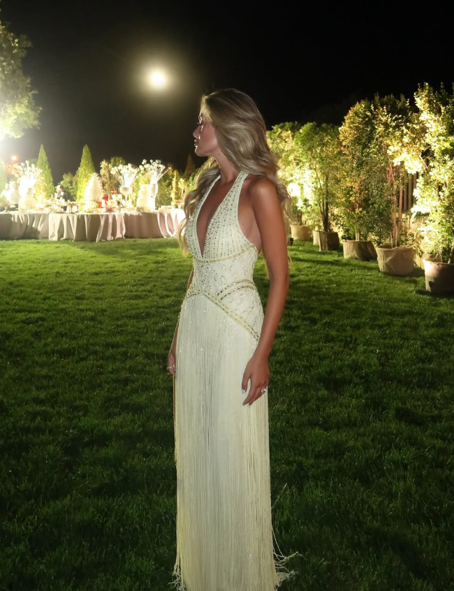 Light Yellow Tassel Exquisite Beaded A Line V Neck Backless Long Prom Dress SH5357