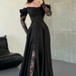 Elegant Black A Line Long Sleeve Lace Satin Prom Dress Evening Dress SH6013