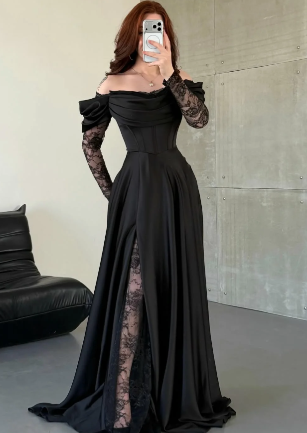 Elegant Black A Line Long Sleeve Lace Satin Prom Dress Evening Dress SH6013