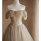 Light Camel A Line Off the Shoulder Floral Tulle Long Party Dress Prom Dress Formal Dress SH3855