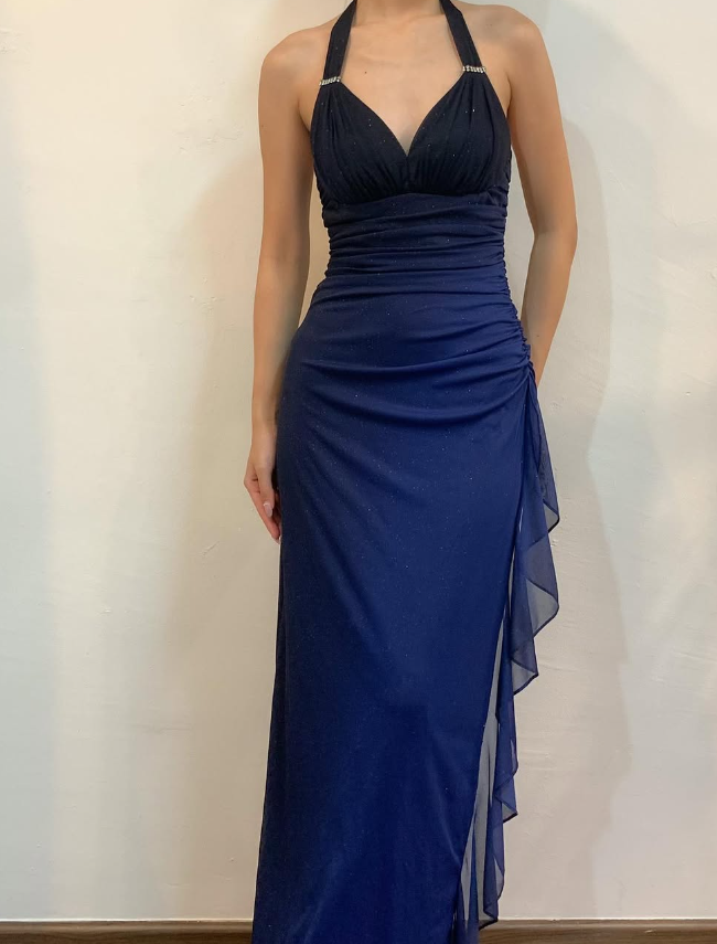 Halter Ombre Navy Blue Long Chiffon Prom Dress  SH1157