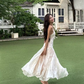 Elegant A Line Spaghetti Strap Print Floral Satin Long Party Dress Wedding Guest Dress SH3154