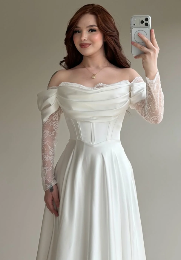 Elegant White A Line Long Sleeve Lace Satin Prom Dress Wedding Guest Dress SH5395