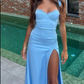 Blue Mermaid Straps Satin Long Prom Dress With Slit  SH1464