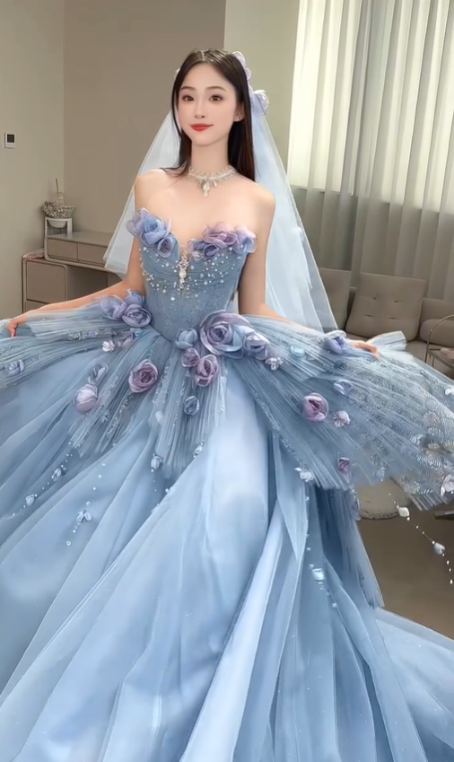 Blue Floral Ball Gown Sweetheart Neck Exquisite Beaded Tulle Long Prom Dress SH5031