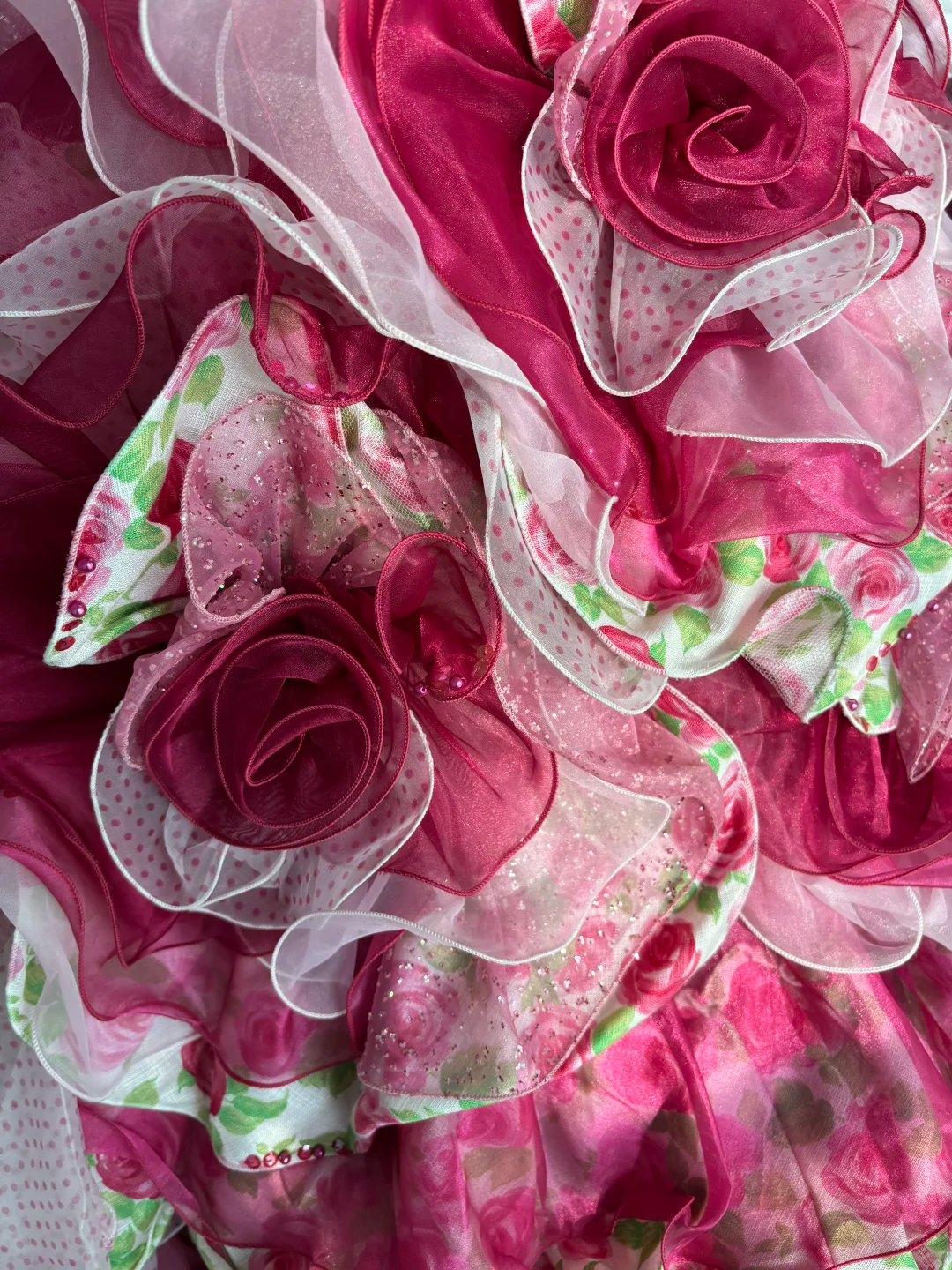 Vintage Pink Print Floral Ball Gown Ruffle Layered Organza Prom Dress Sweet 16 Dress SH5985