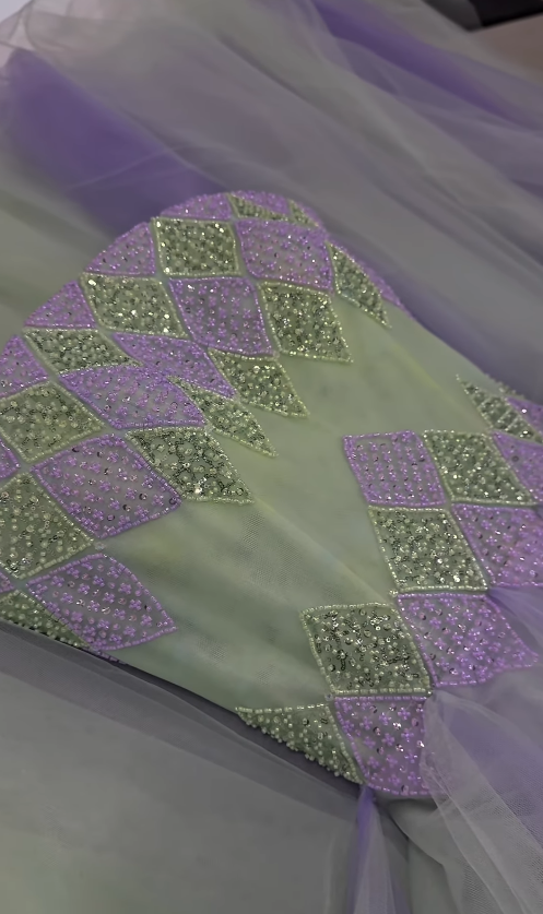 Fantastic A Line Strapless Exquisite Beaded Green Purple Tulle Prom Dress Evening Dress SH6752