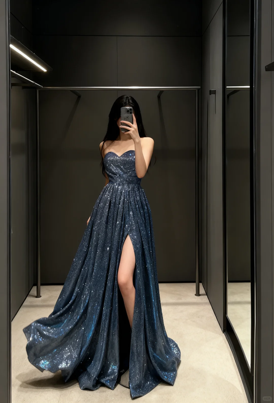 Shiny Blue A Line Sweetheart Neck Sequin Long Prom Dress Evening Dress with Slit SH5109