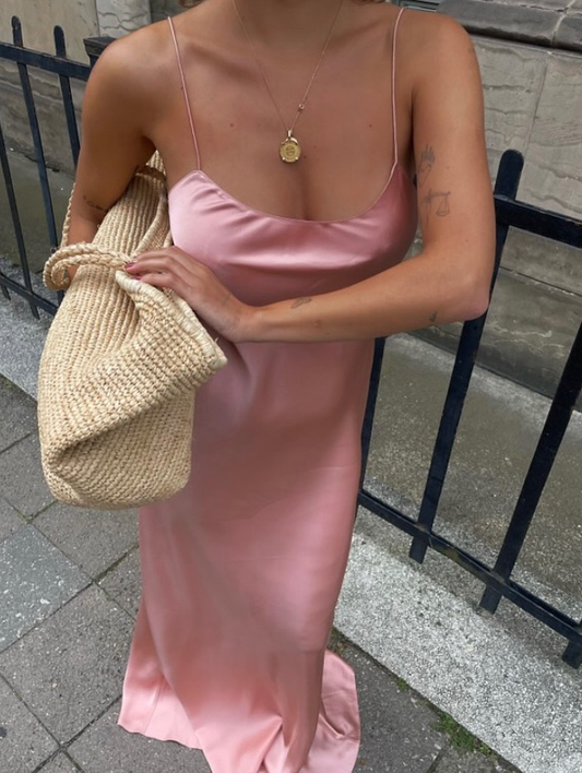 Simple Pink A Line Spaghetti Strap Satin Open Back Prom Dress Wedding Guest Dress SH4447