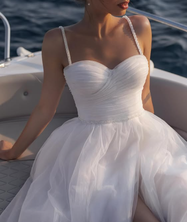 Princess A Line Spaghetti Strap Beaded White Pleated Tulle Slit Wedding Dress SH6026