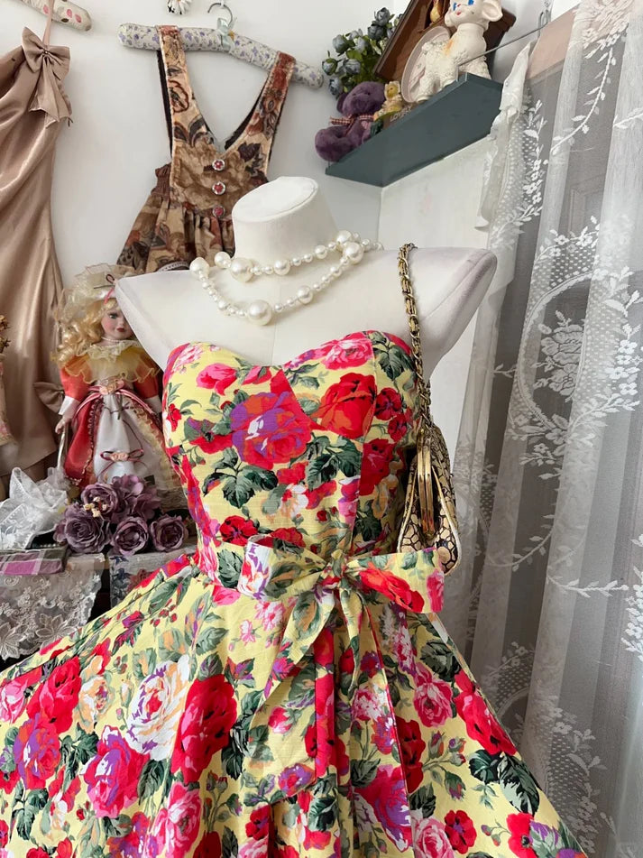 Vintage Ball Gown Sweetheart Floral Satin Short Cocktail Homecoming Dresses Ideas Hoco Outfits SH6415