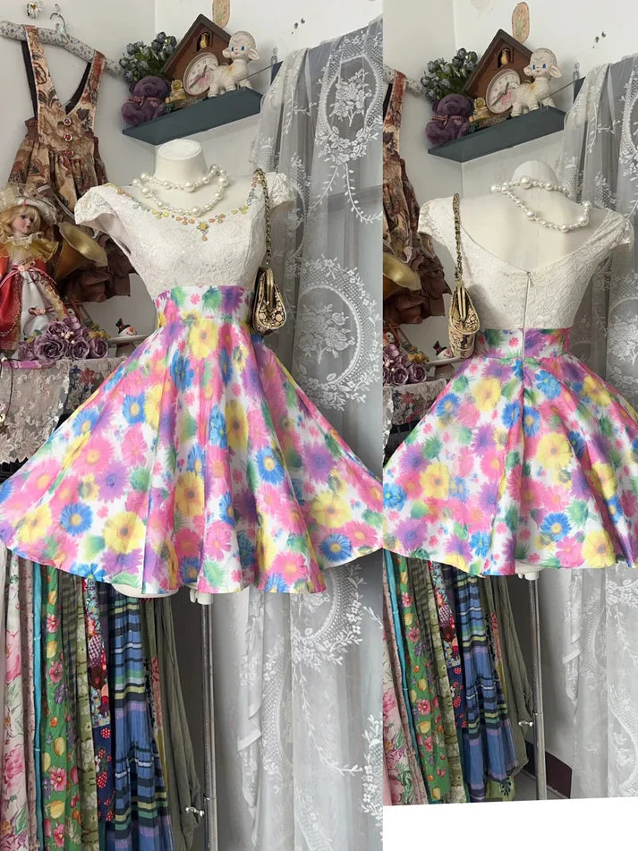 Vintage Ball Gown Floral Skirt White Lace Short Cocktail Homecoming Dresses Ideas Hoco Outfits SH6417