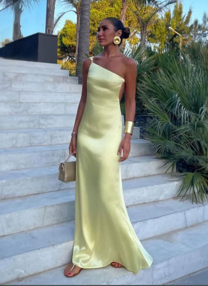 Simple Sheath One Shoulder Yellow Satin Open Back Long Prom Dress Graduation Prom Dress SH2603